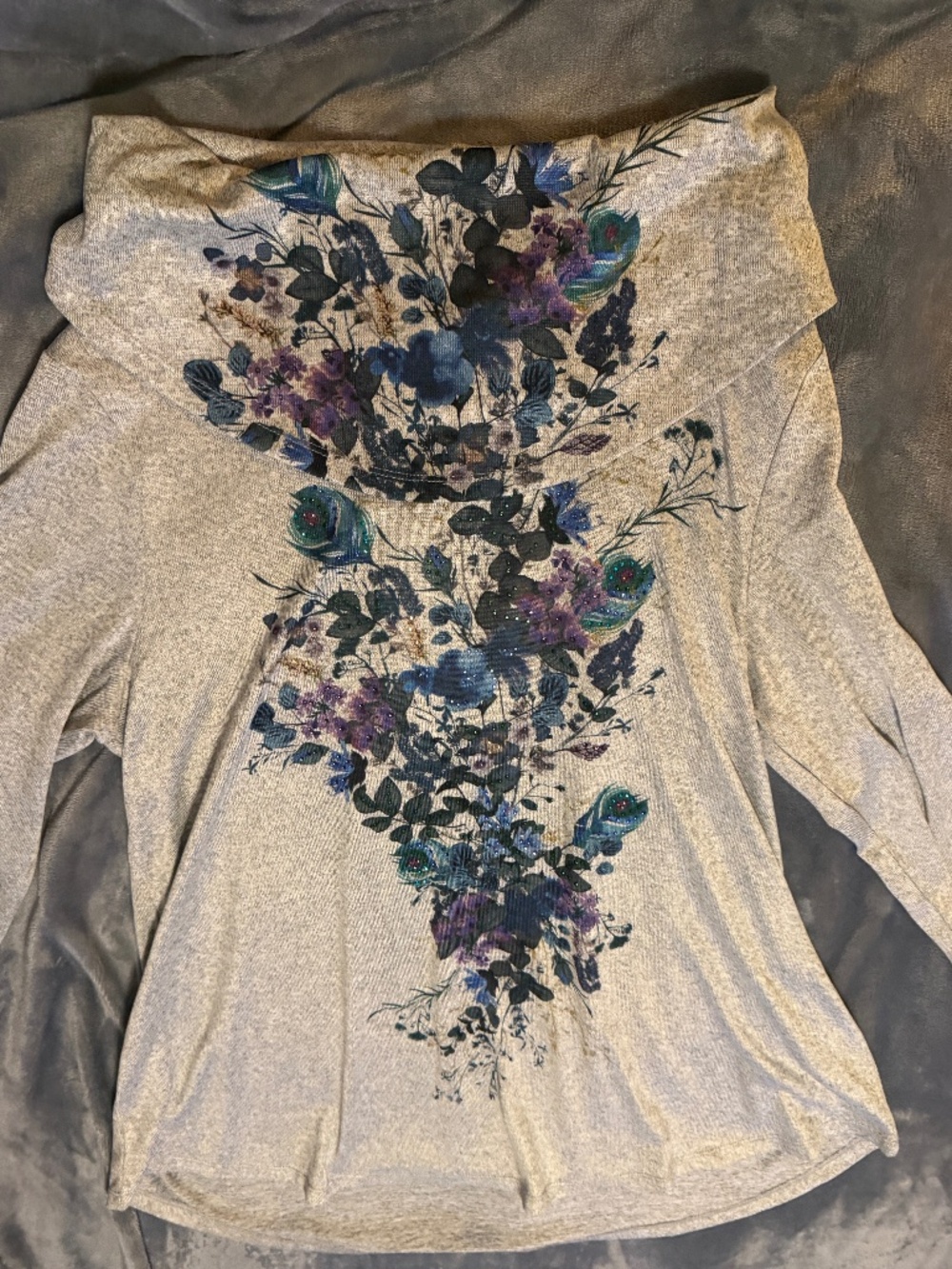 Indigo Soul Women's Large Gray Floral Cowl Neck 3/4 Sleeve Top